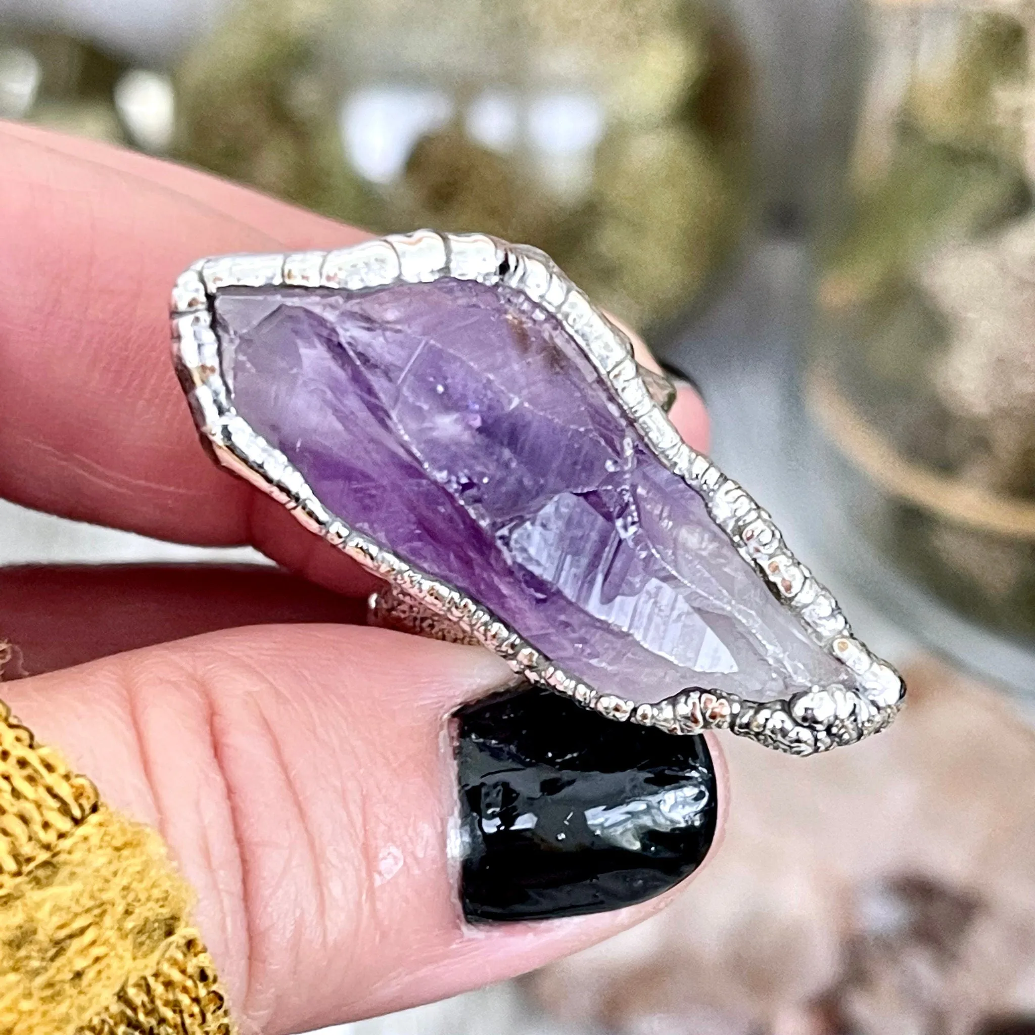 Size 6 Big Raw Amethyst Purple Crystal Ring in Fine Silver / Foxlark Collection - One of a Kind