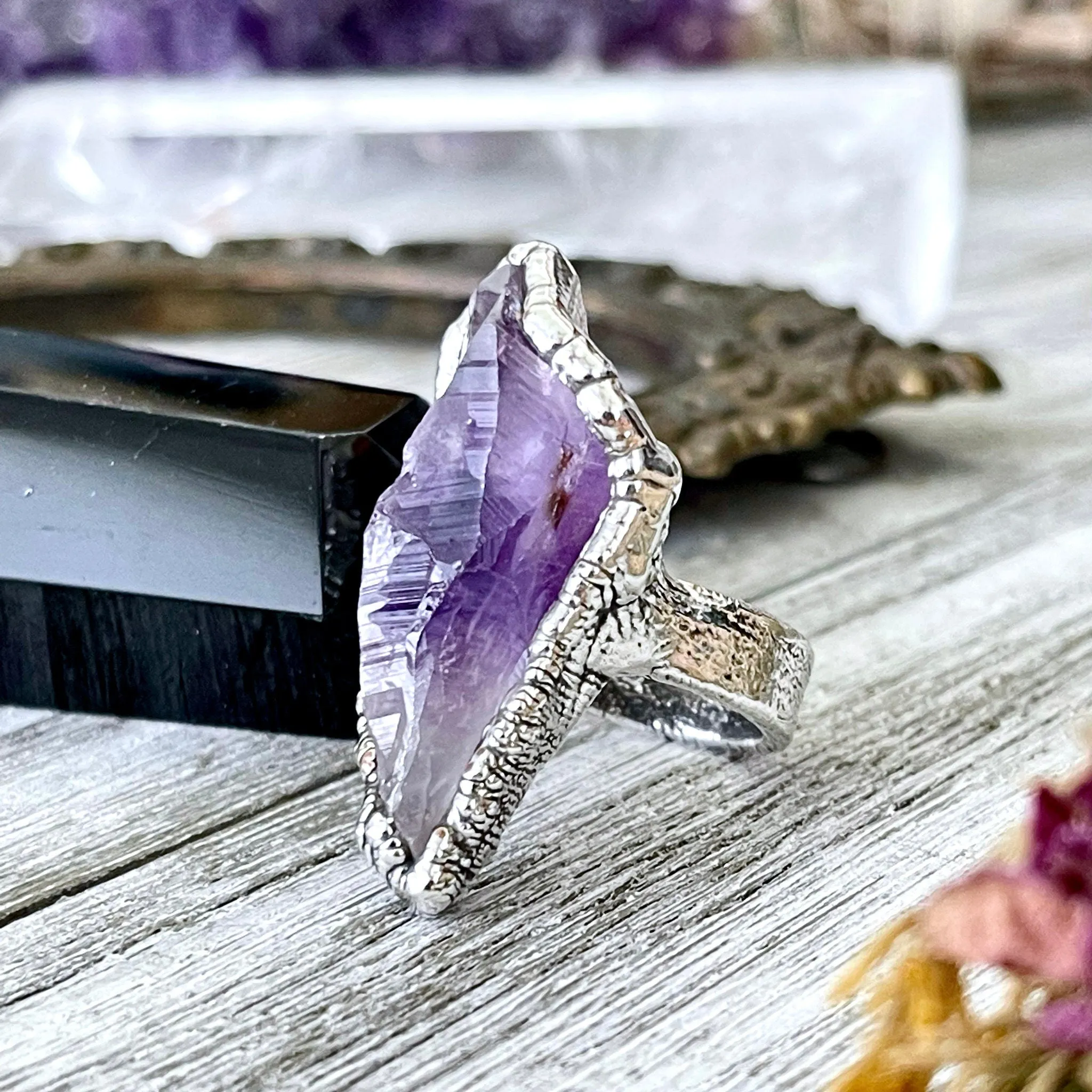 Size 6 Big Raw Amethyst Purple Crystal Ring in Fine Silver / Foxlark Collection - One of a Kind