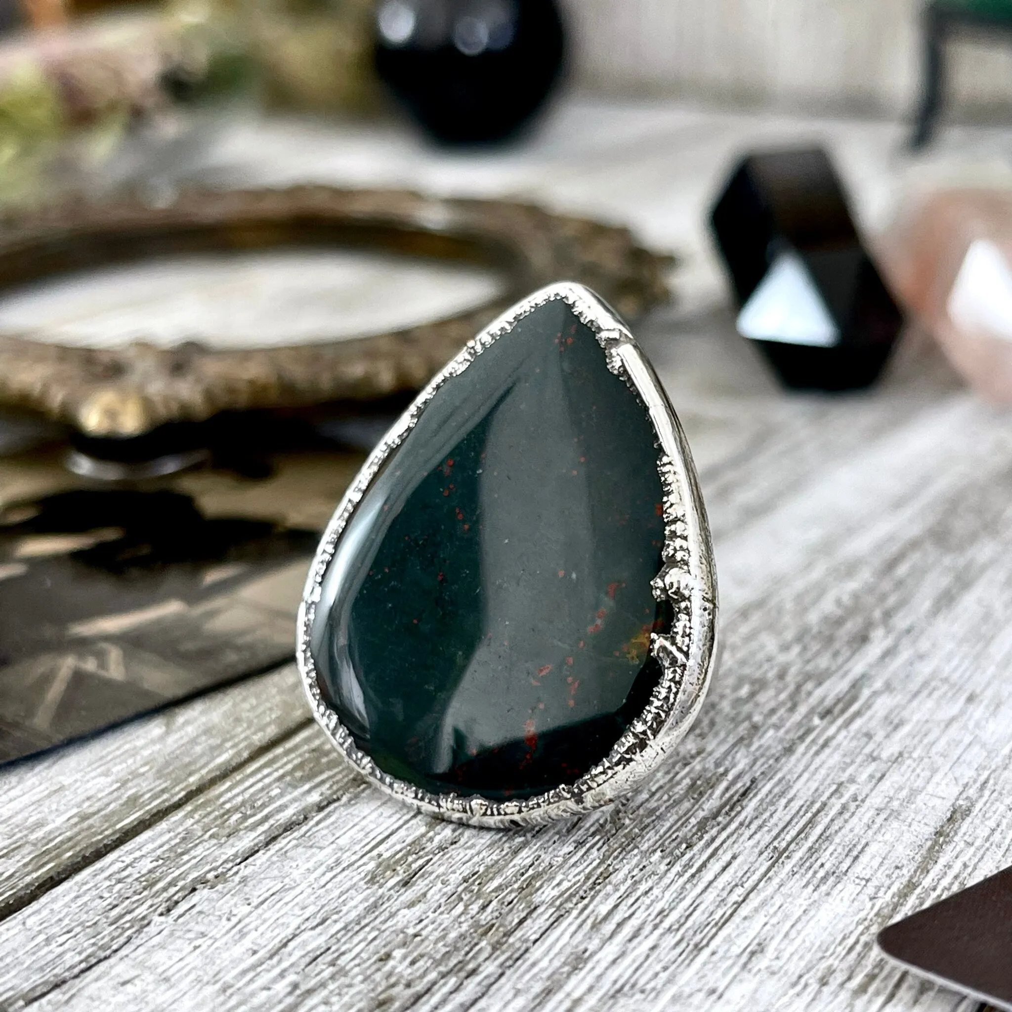 Size 6.5 Big Natural Bloodstone Ring In Fine Silver /  Foxlark Collection - One of a Kind