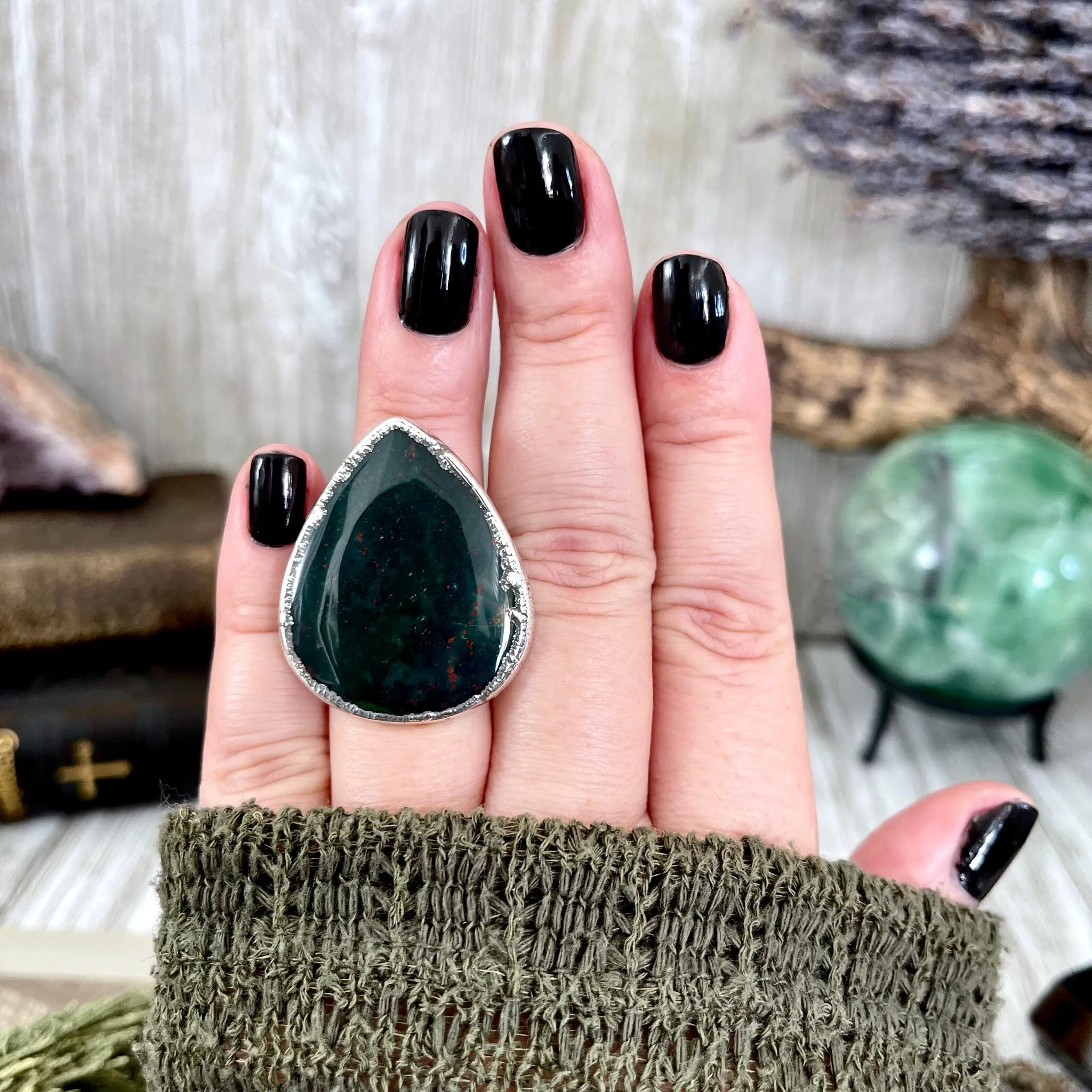 Size 6.5 Big Natural Bloodstone Ring In Fine Silver /  Foxlark Collection - One of a Kind