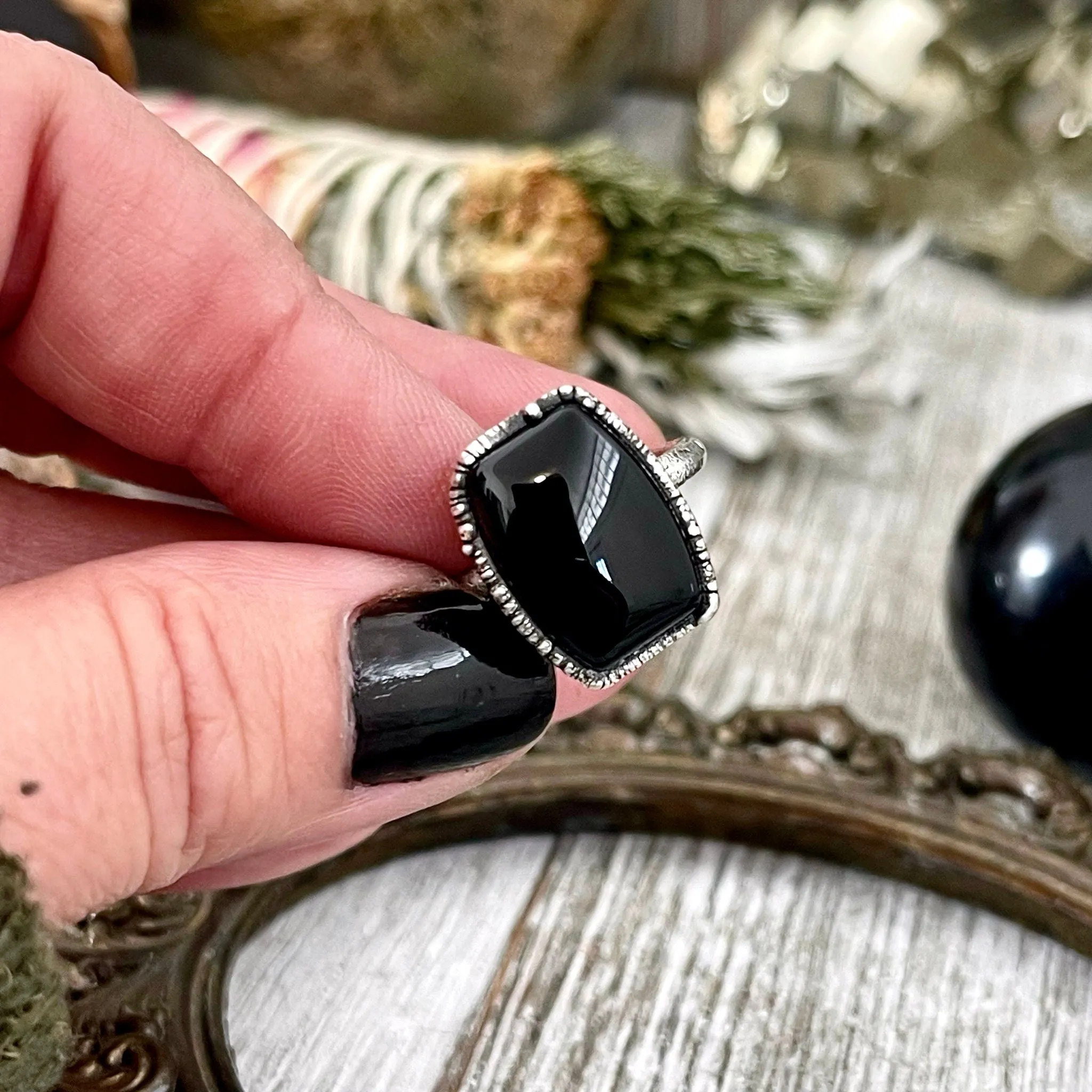 Size 7 or 9 Natural Black Stone Agate Ring in Fine Silver/ Foxlark Collection - One of a Kind