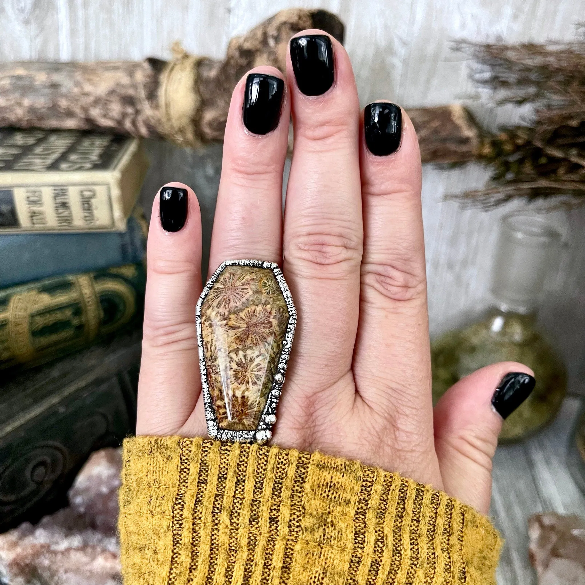 Size 8 Large Fossilized Coral Coffin Statement Ring in Fine Silver / Foxlark Collection - One of a Kind