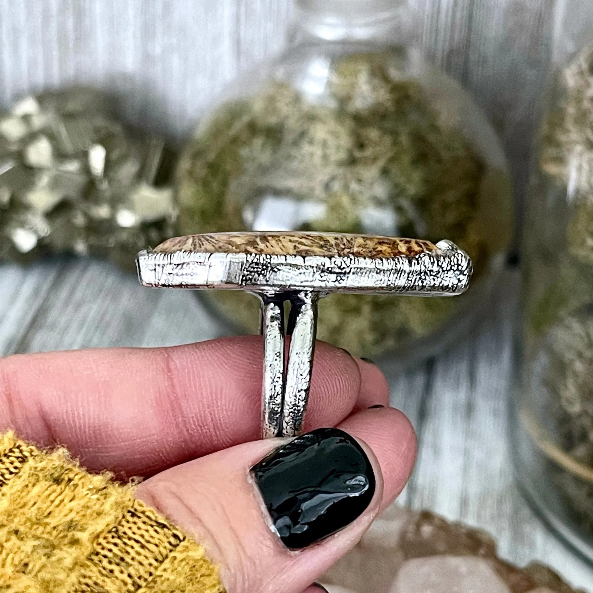 Size 8 Large Fossilized Coral Coffin Statement Ring in Fine Silver / Foxlark Collection - One of a Kind