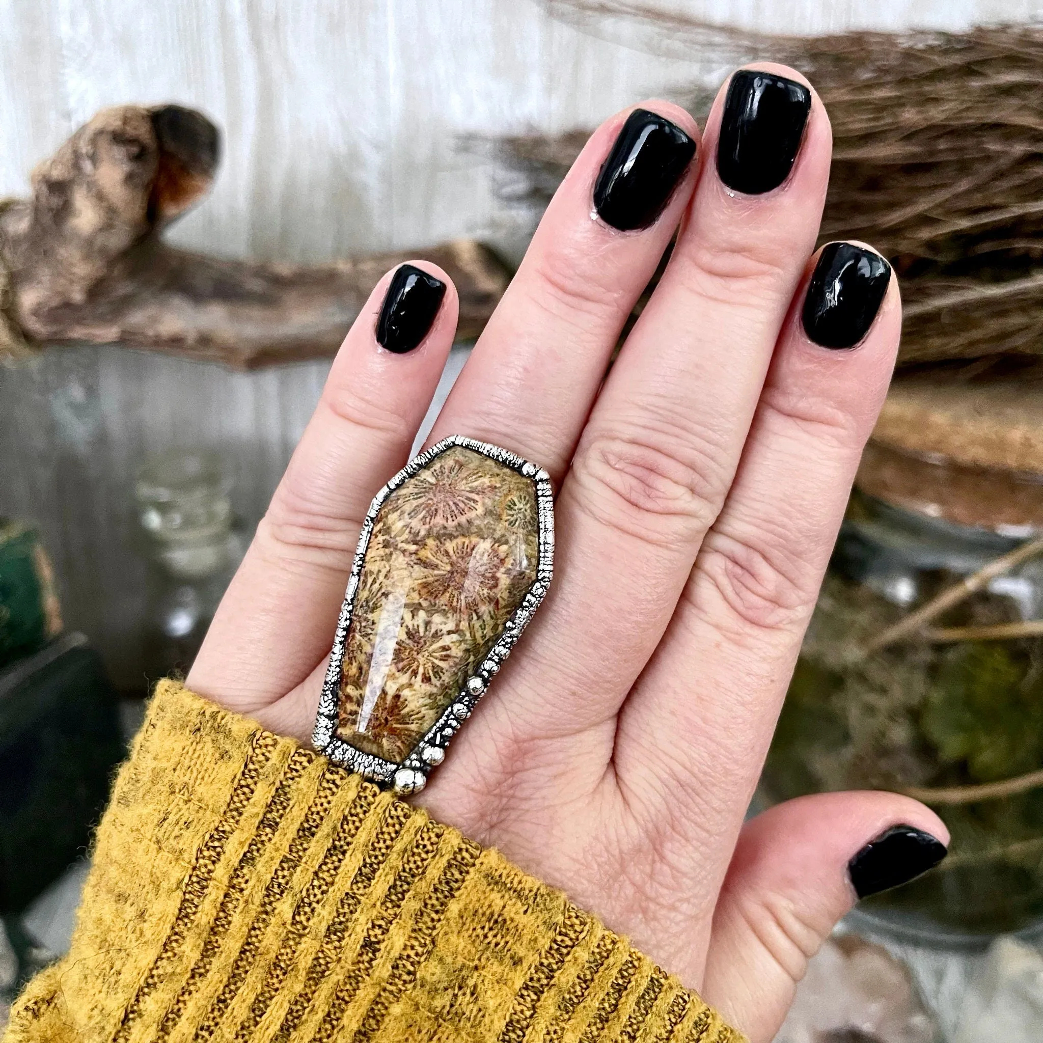 Size 8 Large Fossilized Coral Coffin Statement Ring in Fine Silver / Foxlark Collection - One of a Kind