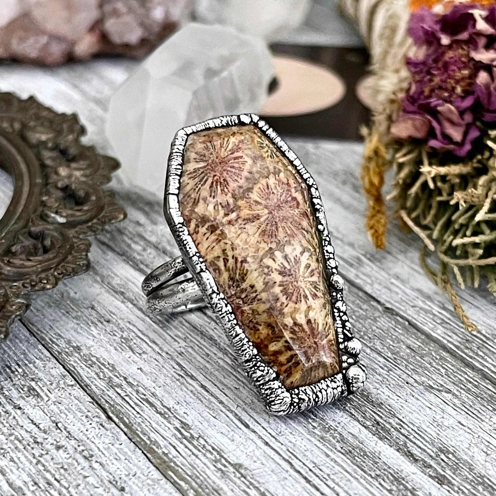 Size 8 Large Fossilized Coral Coffin Statement Ring in Fine Silver / Foxlark Collection - One of a Kind