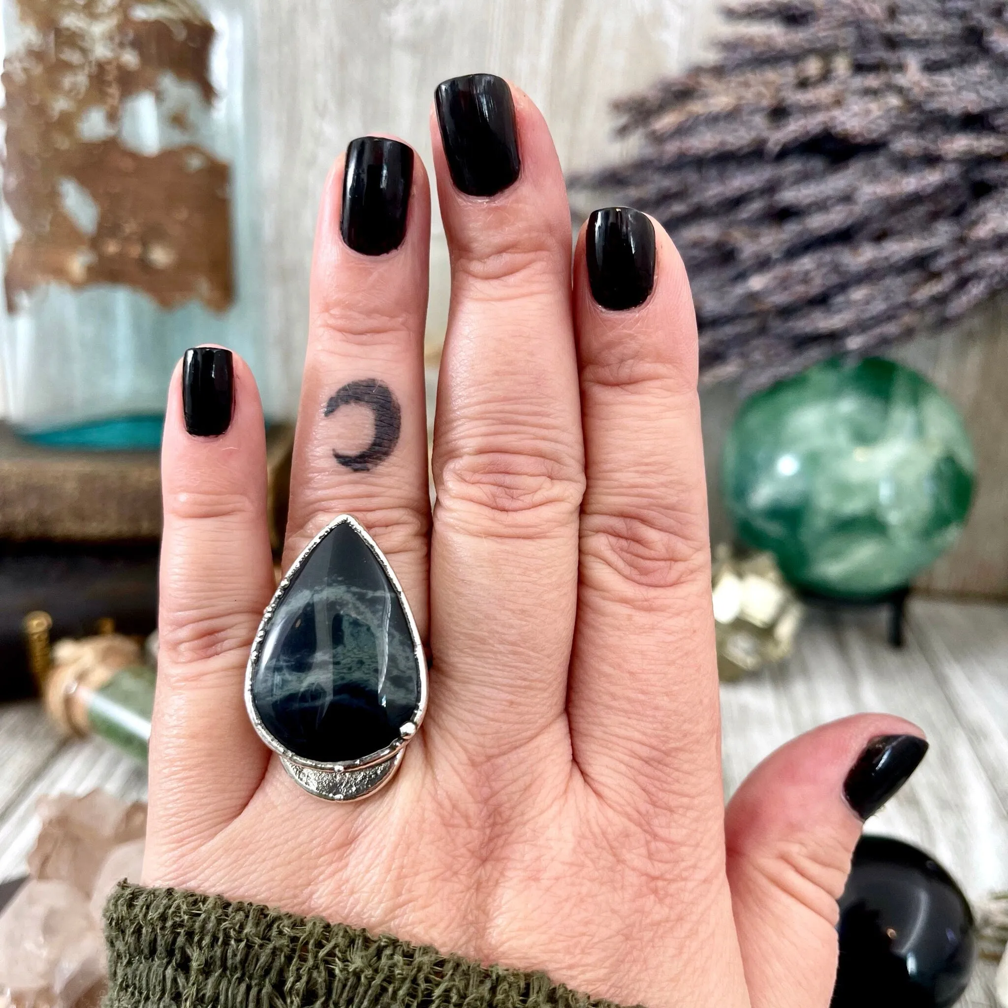 Size 8 Silver Spiderweb Obsidian Ring Large Crystal Ring / Foxlark Collection - One of a Kind