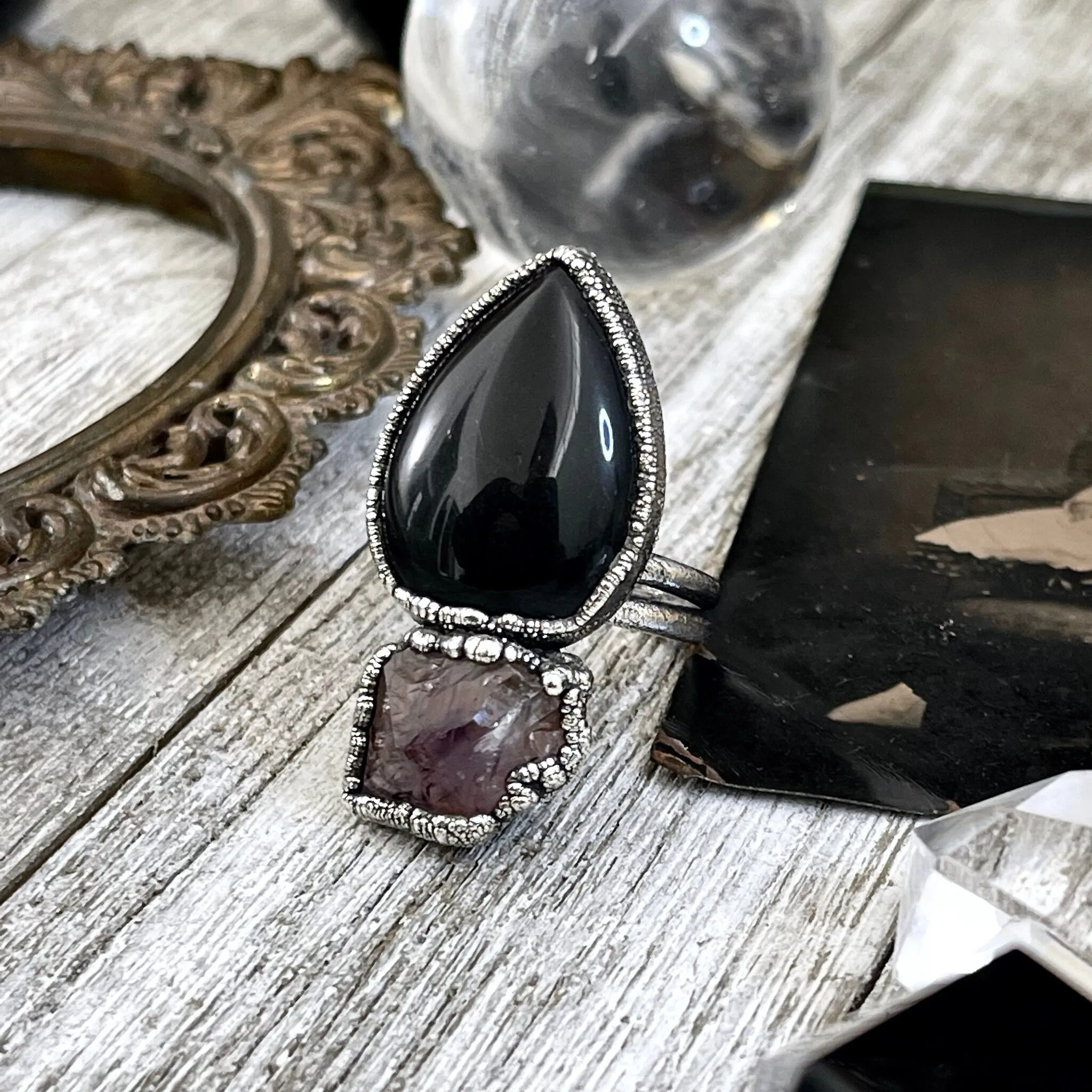 Size 8.5 Two Stone Ring- Black Onyx Purple Raw Amethyst Crystal Ring Fine Silver / Foxlark Collection - One of a Kind