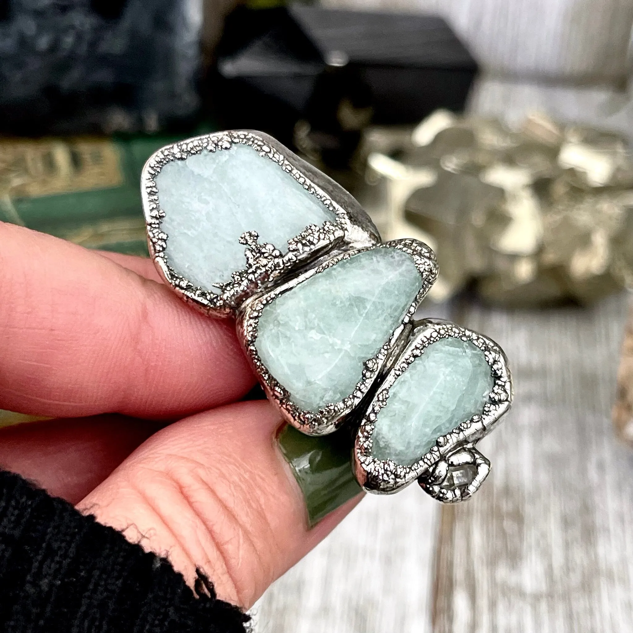 Size 9.5 Crystal Ring - Four Stone Aquamarine Raw Herkimer Diamond Quartz Ring In Silver / Foxlark - One of a Kind