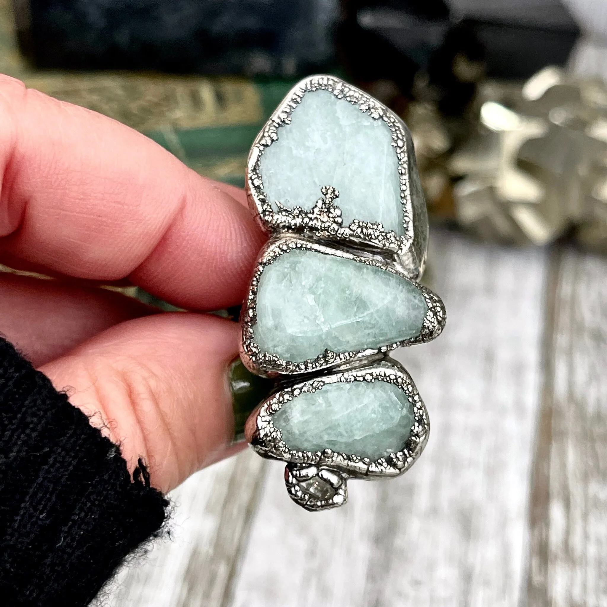 Size 9.5 Crystal Ring - Four Stone Aquamarine Raw Herkimer Diamond Quartz Ring In Silver / Foxlark - One of a Kind