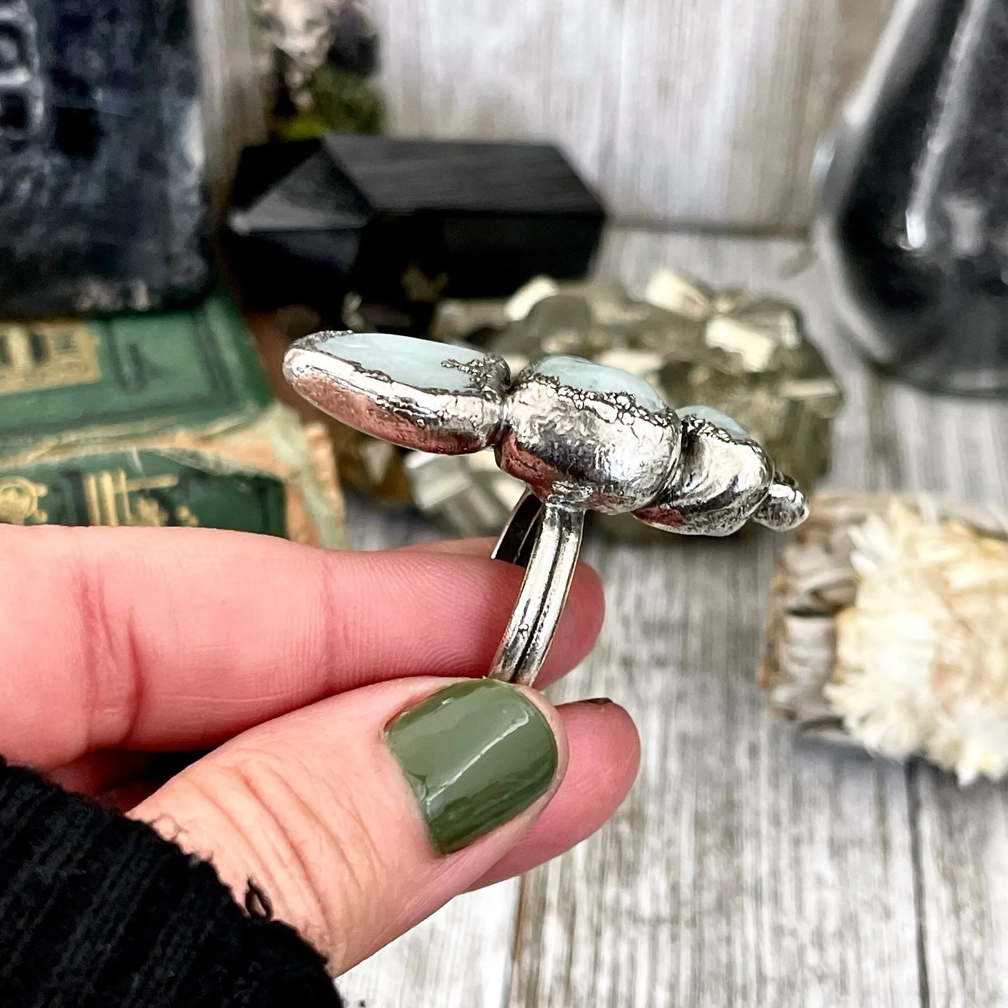 Size 9.5 Crystal Ring - Four Stone Aquamarine Raw Herkimer Diamond Quartz Ring In Silver / Foxlark - One of a Kind