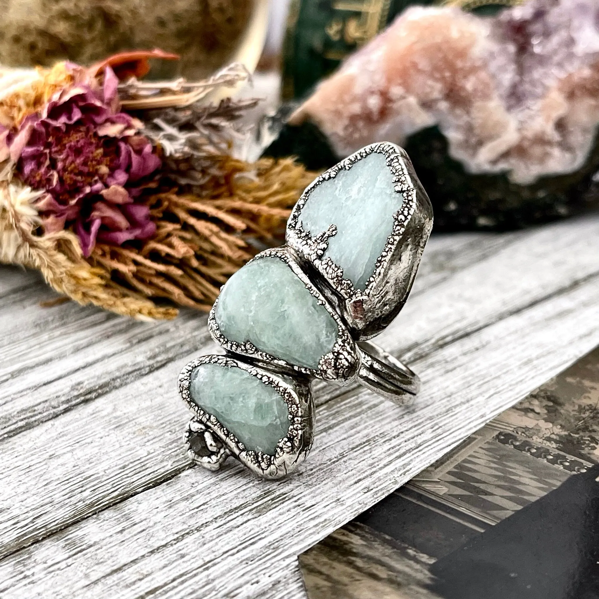 Size 9.5 Crystal Ring - Four Stone Aquamarine Raw Herkimer Diamond Quartz Ring In Silver / Foxlark - One of a Kind