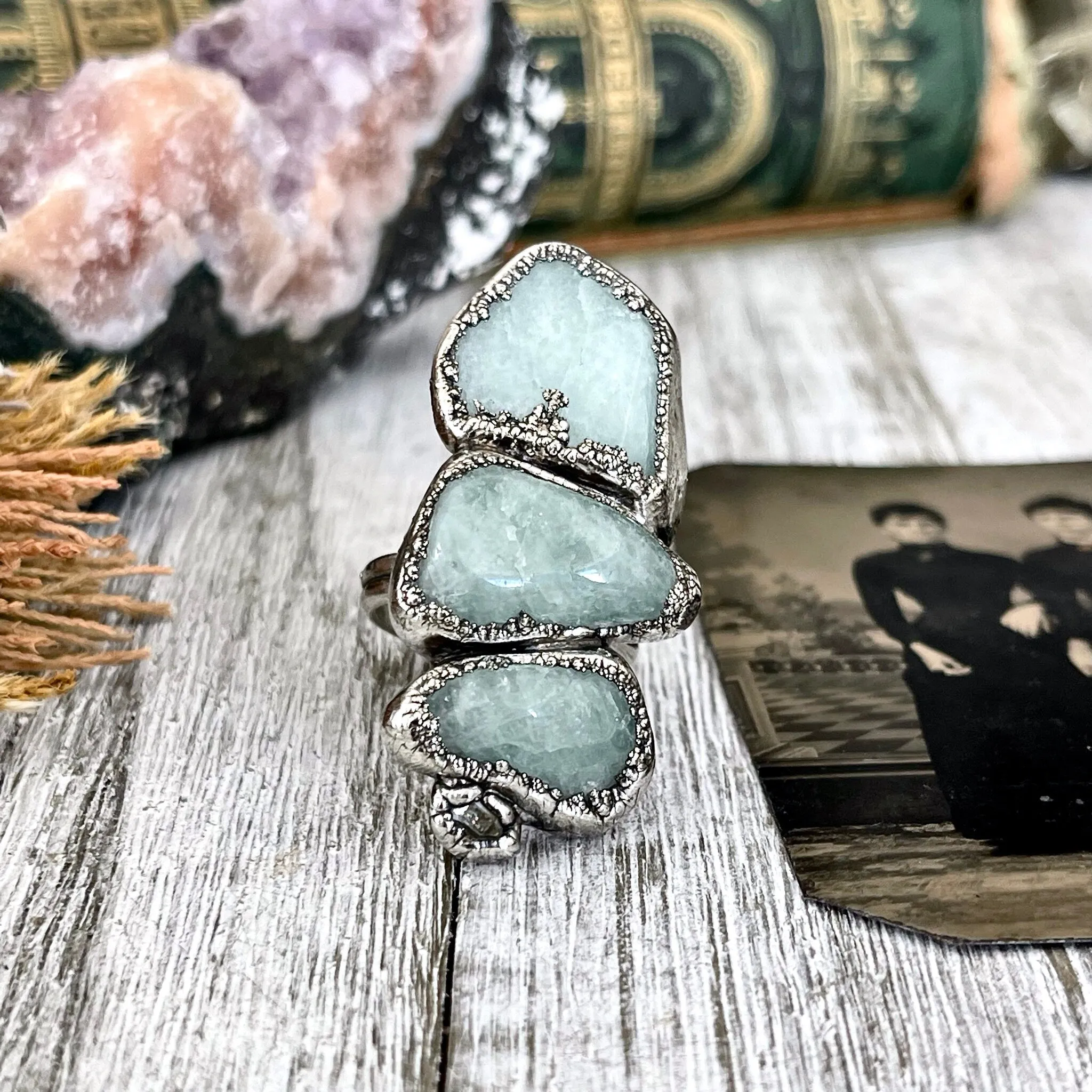 Size 9.5 Crystal Ring - Four Stone Aquamarine Raw Herkimer Diamond Quartz Ring In Silver / Foxlark - One of a Kind