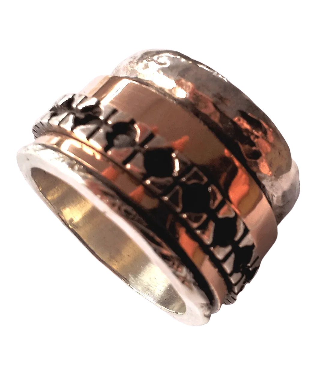 Spinner Ring for Woman silver and gold set with garnets or other gemstones.