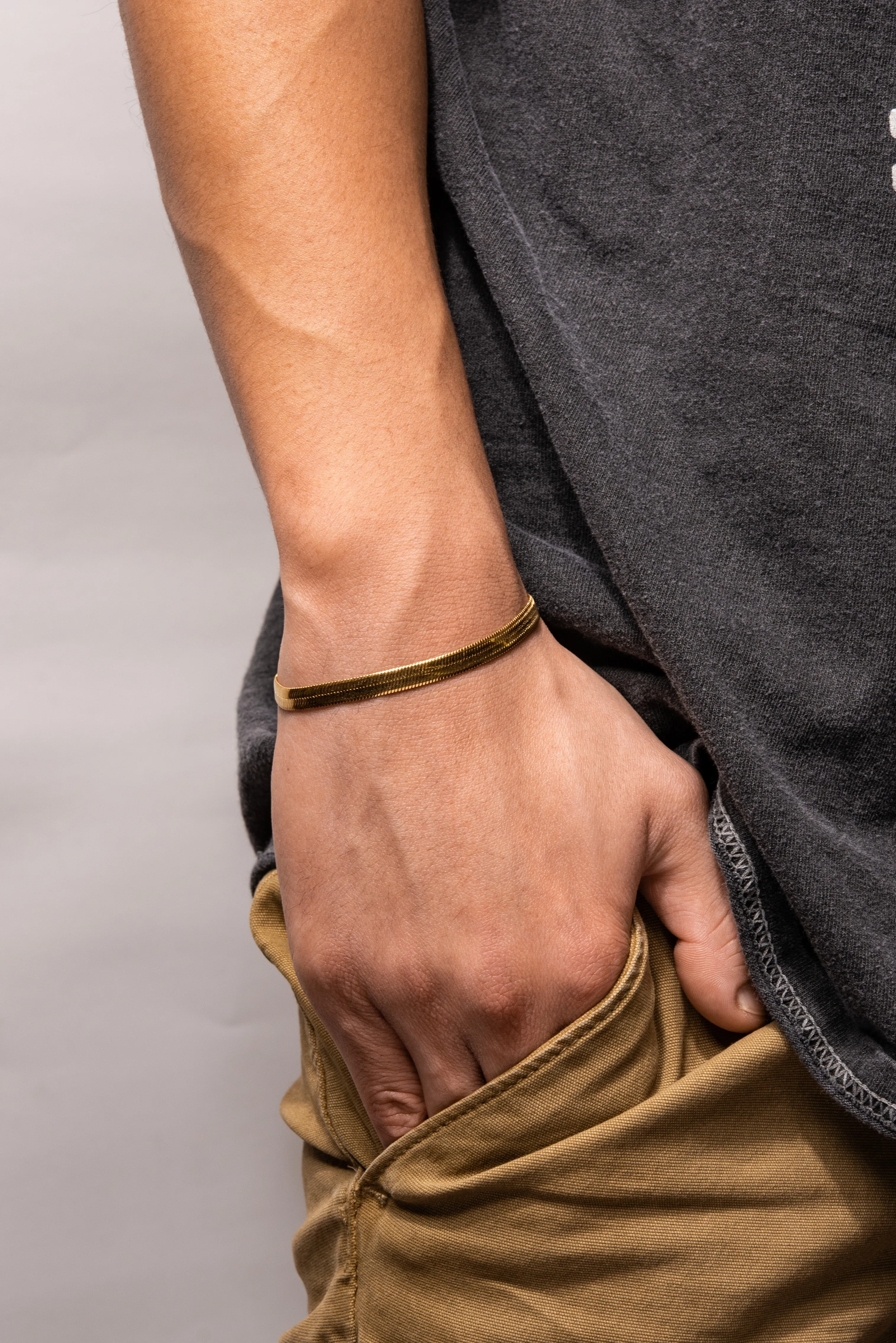 Stainless Steel Herringbone Chain Bracelet - Gold