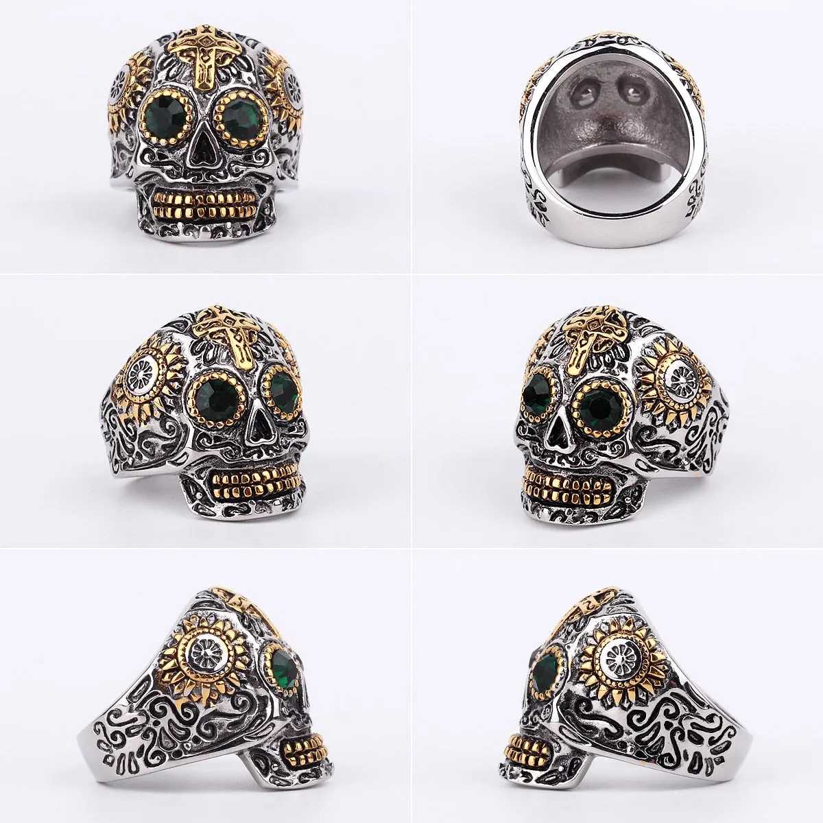 Stainless Steel Tattoo Cross Emerald CZ Gothic Skull Ring