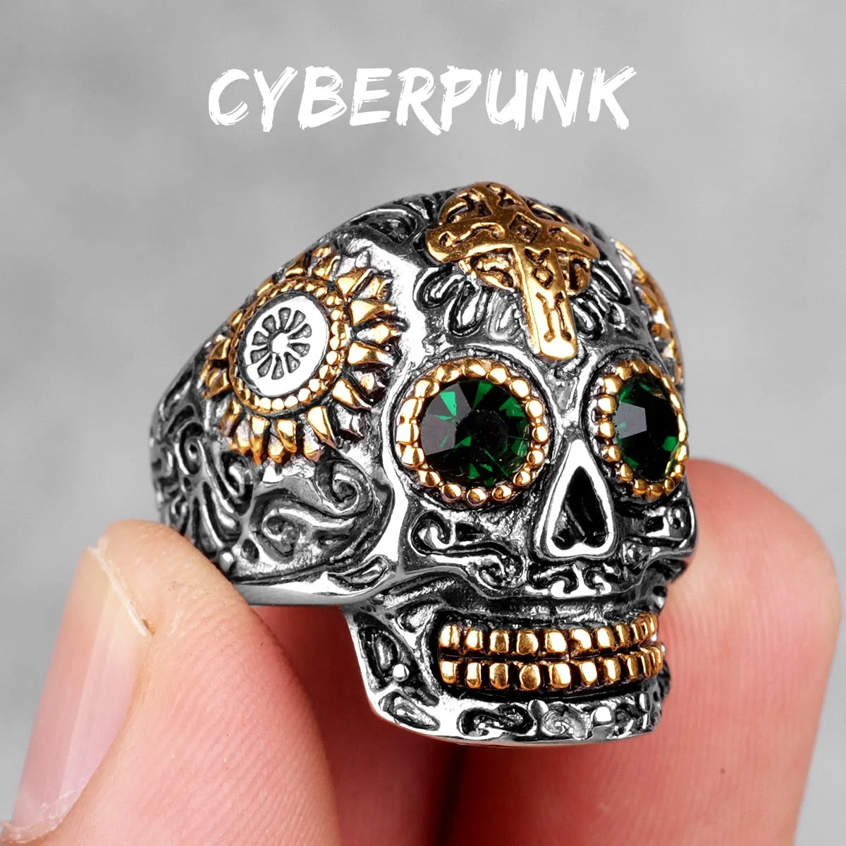 Stainless Steel Tattoo Cross Emerald CZ Gothic Skull Ring