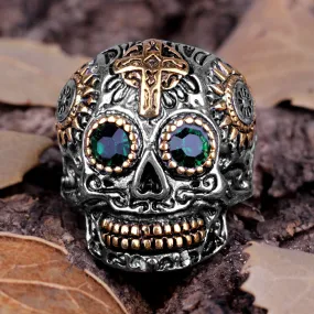 Stainless Steel Tattoo Cross Emerald CZ Gothic Skull Ring