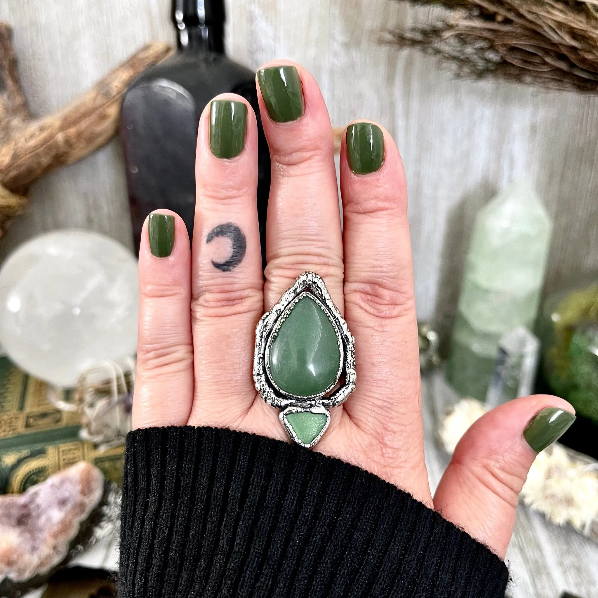 Sticks and Stones Collection- Size 9 Green Aventurine Sea Glass Statement Ring in Fine Silver // Punk Ring Goth Witchy Gemstone Jewelry