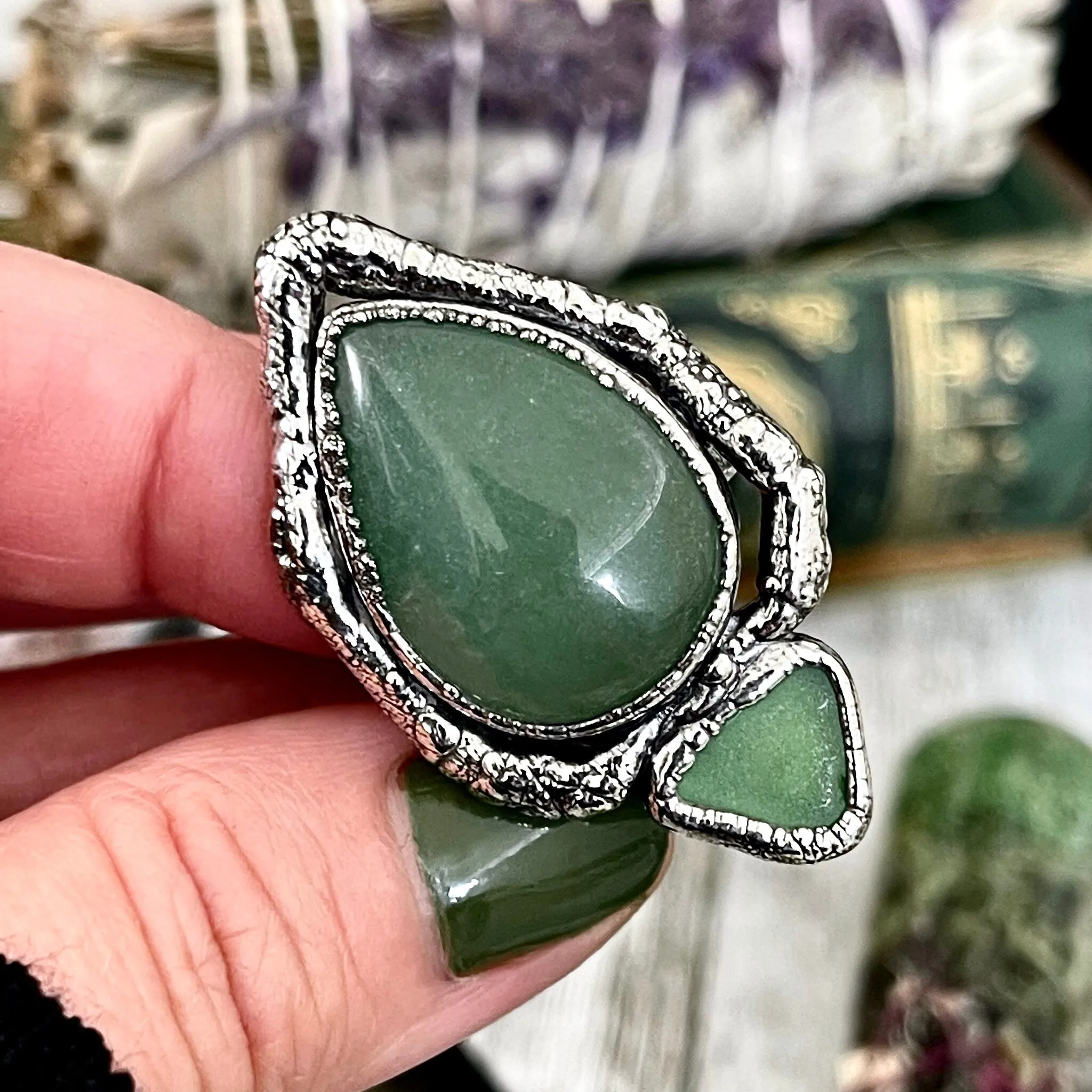 Sticks and Stones Collection- Size 9 Green Aventurine Sea Glass Statement Ring in Fine Silver // Punk Ring Goth Witchy Gemstone Jewelry