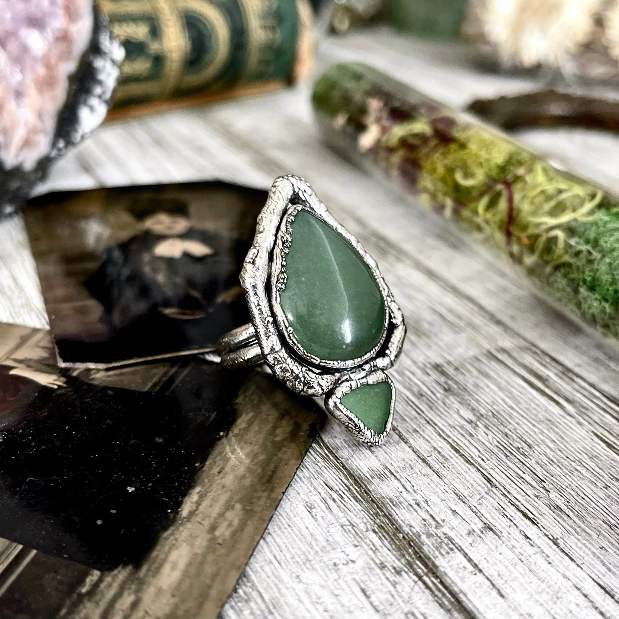 Sticks and Stones Collection- Size 9 Green Aventurine Sea Glass Statement Ring in Fine Silver // Punk Ring Goth Witchy Gemstone Jewelry