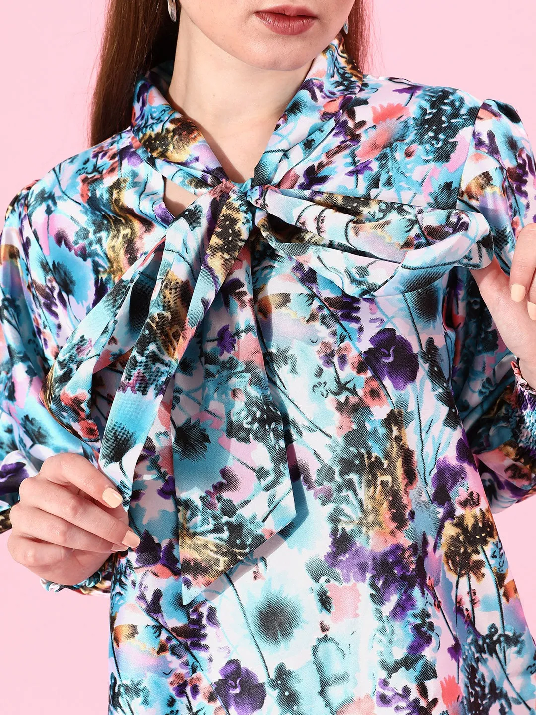 Style Quotient Women Blue & Pink Floral Print Tie-Up Neck Top