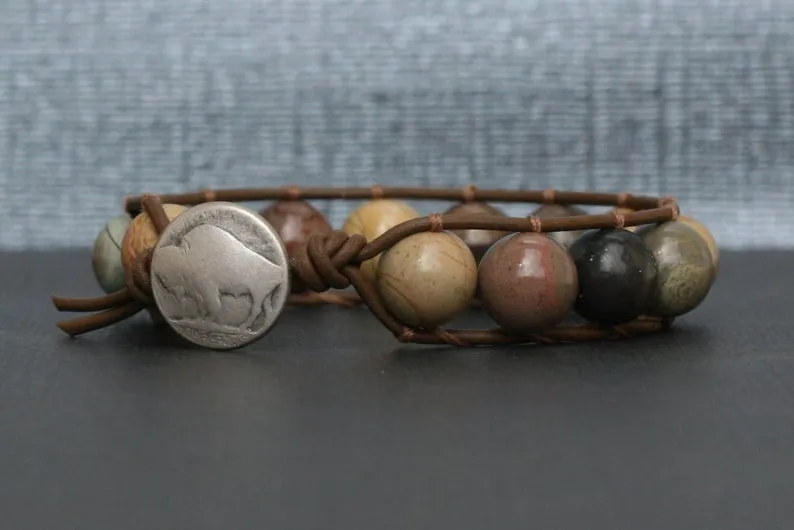 The Silver Leaf Brown Jasper Leather Wrap Bracelet