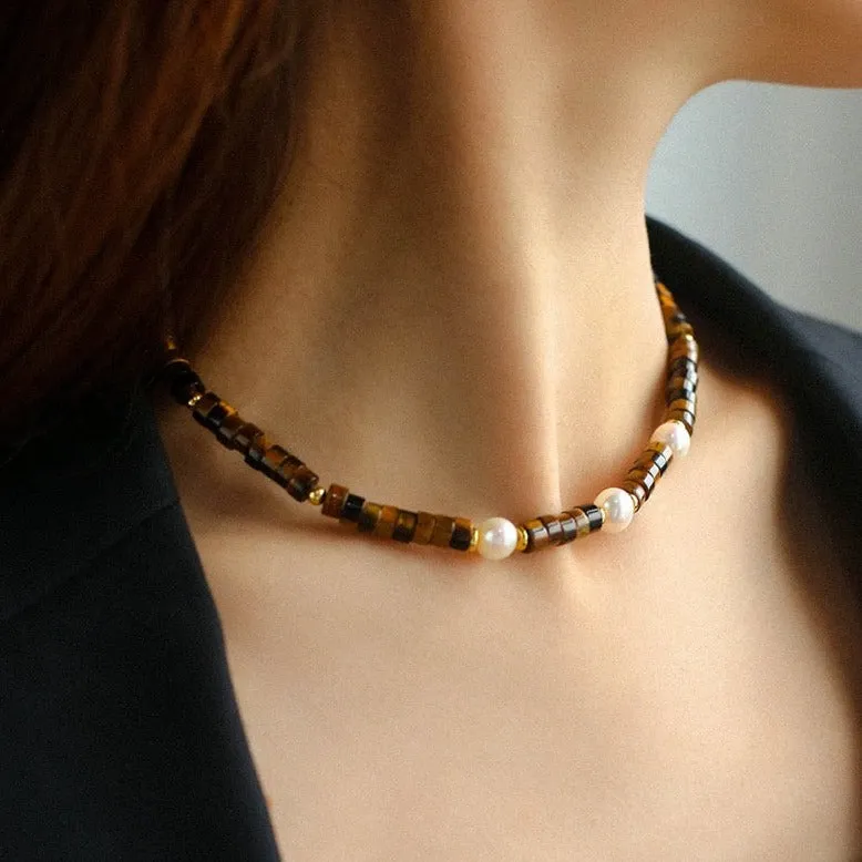 Tiger's Eye Gemstone Pearl Necklaces