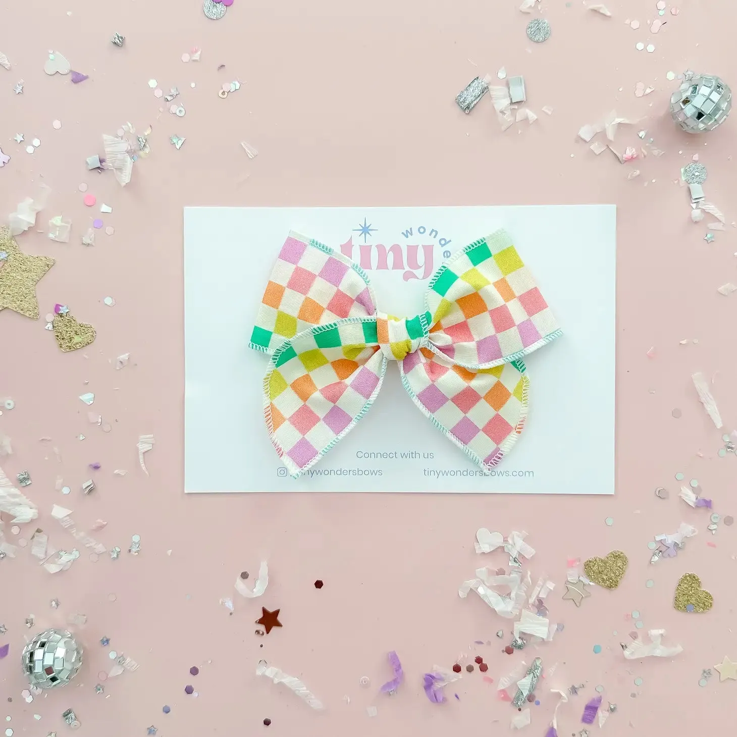 Tiny Wonder - Neon Rainbow Checkered Bow