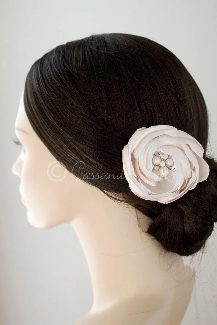 Wedding Hair Flower Clip of Satin and Chiffon with Pearls