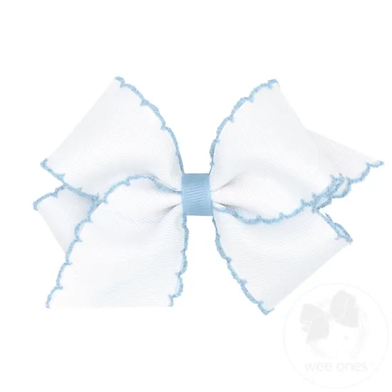 Wee Ones Bows - Small - White with Millennium Blue Moonstitch