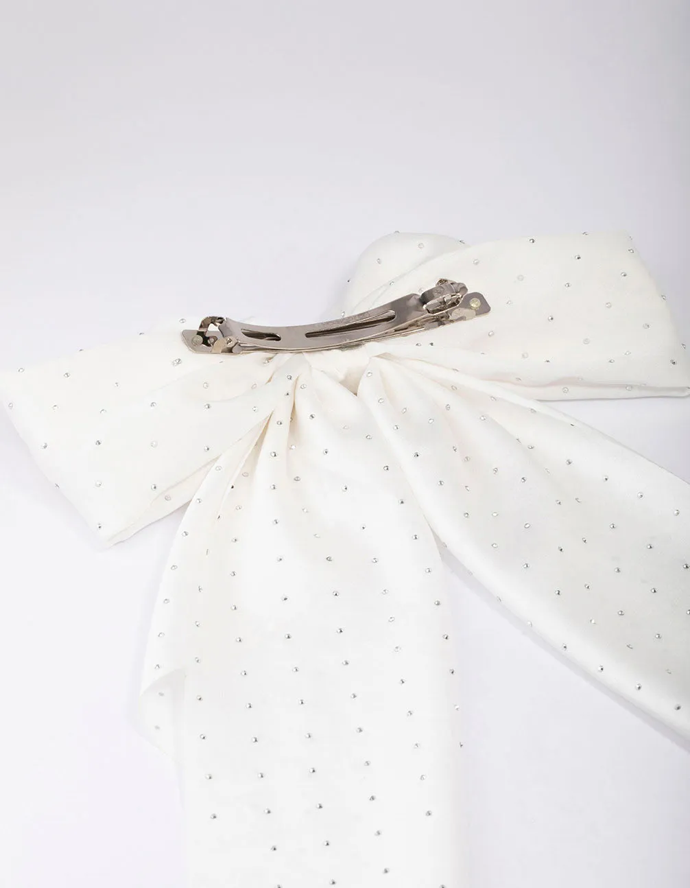 White Fabric Satin Drop Bow Hair Clip