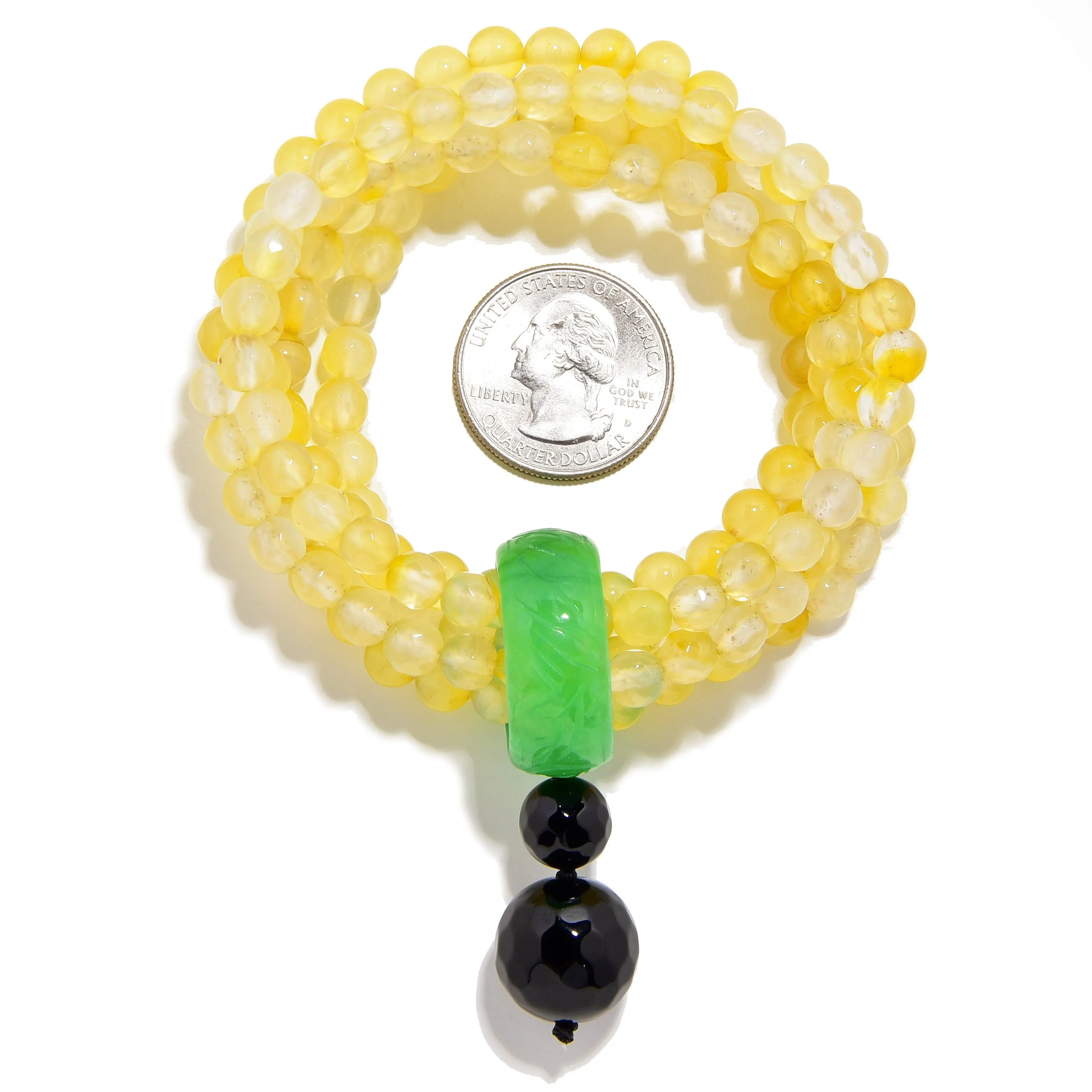 Yellow Agate 6mm Beads with Jade Ring Gemstone Elastic Bracelet